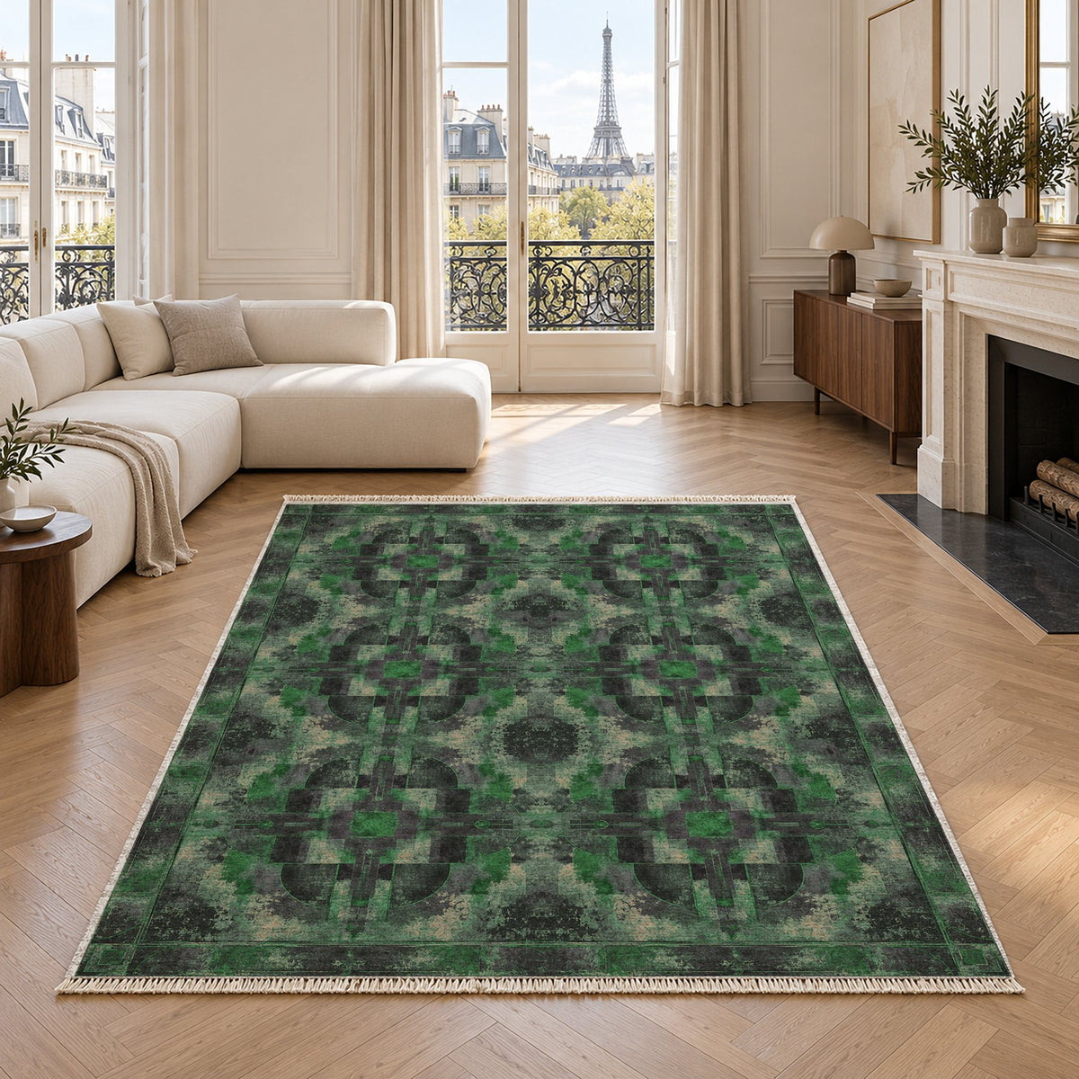 Foundry Patina Teal & Plum washable rug in a living room with an Eiffel Tower view