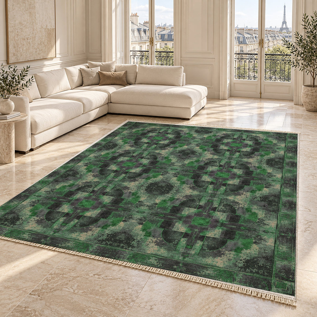 Foundry Patina Teal & Plum washable rug angled room view on marble