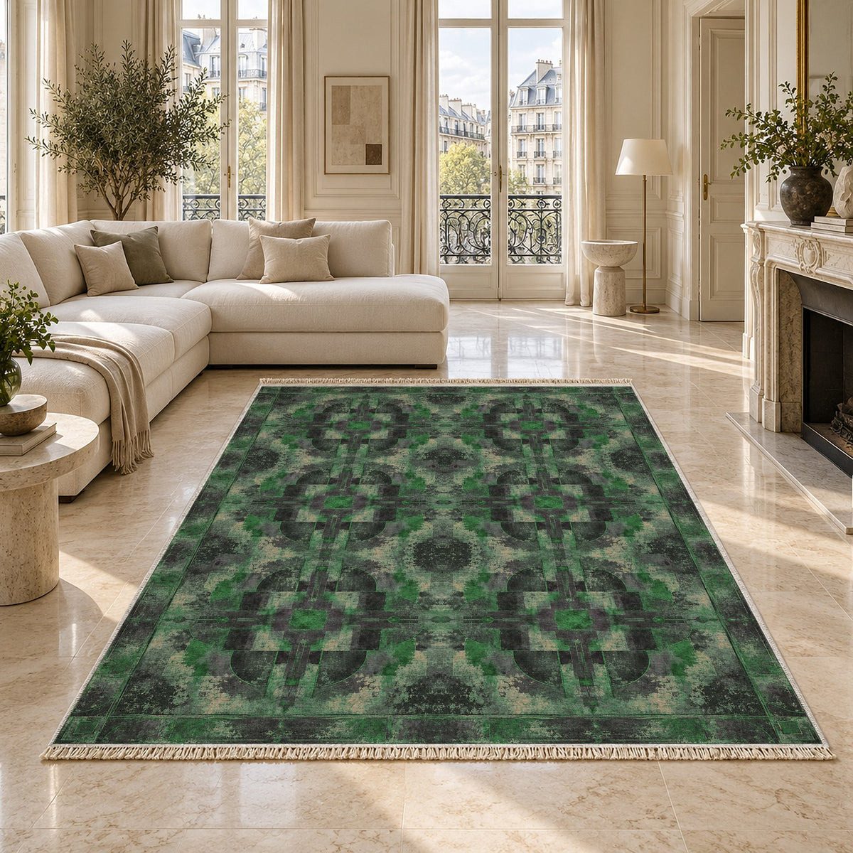 Foundry Patina Teal & Plum washable rug on a marble floor