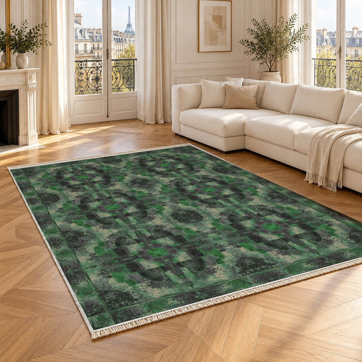 Foundry Patina Teal & Plum washable rug angled room view