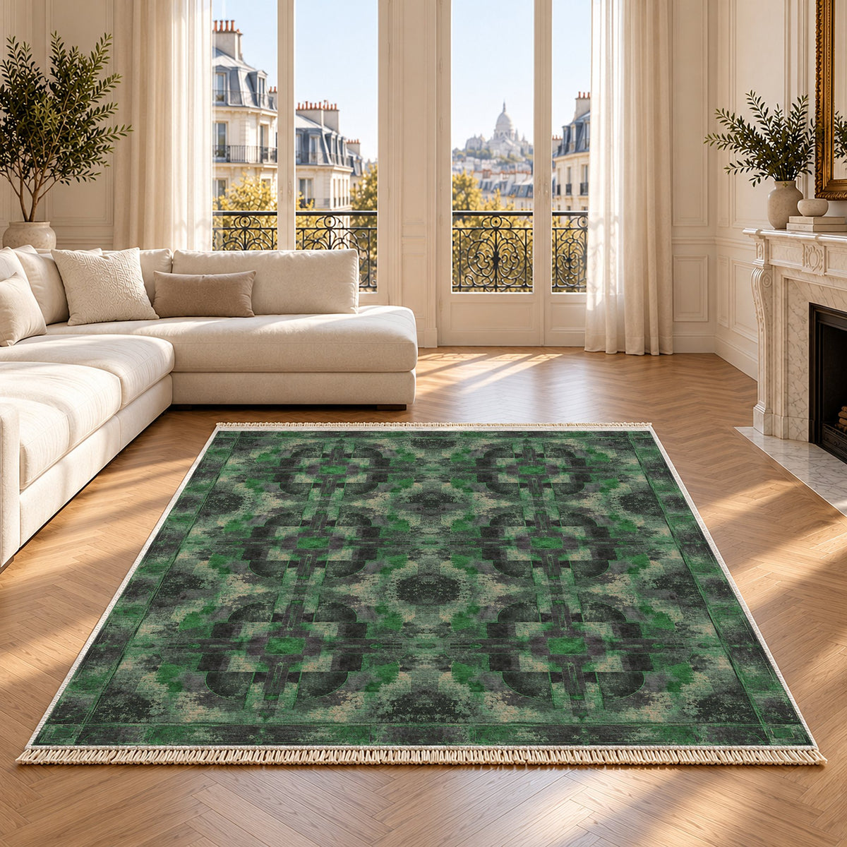 Foundry Patina Teal & Plum washable rug on an oak floor