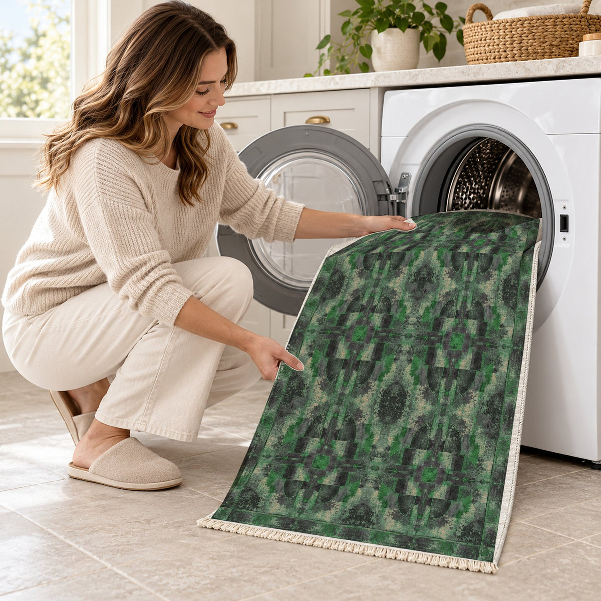 Foundry Patina Teal & Plum washable rug being loaded into a washing machine