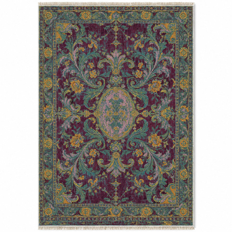 Fountain Scroll Burgundy & Teal Baroque Washable Rug