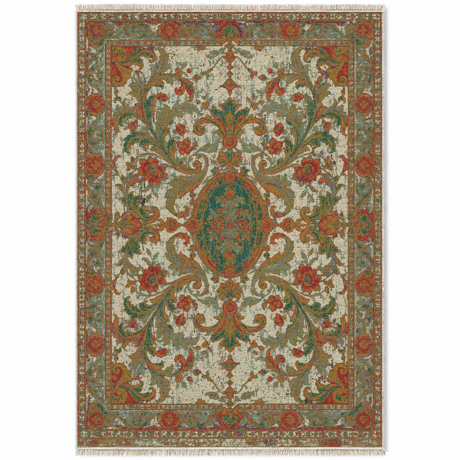 Fountain Scroll Emerald & Terracotta Baroque Washable Rug
