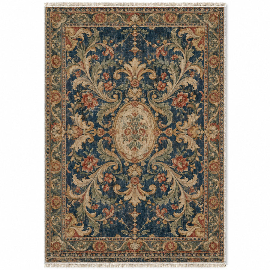Fountain Scroll Indigo & Rust Baroque Washable Rug
