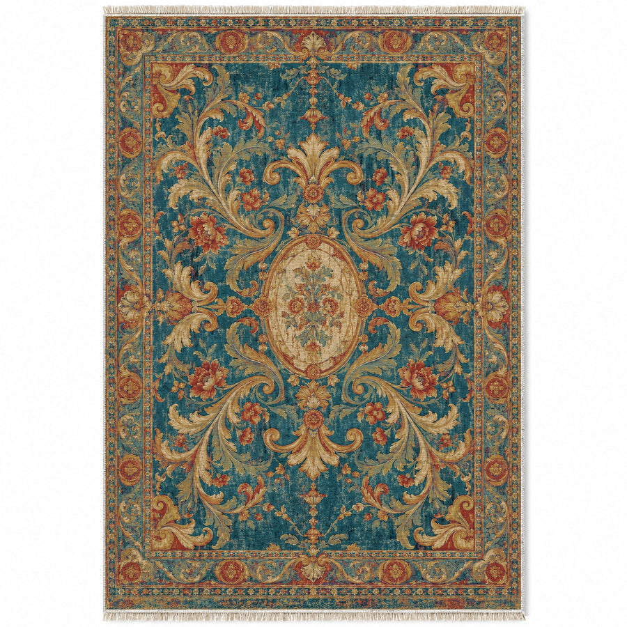 Fountain Scroll Peacock & Ochre Baroque Washable Rug