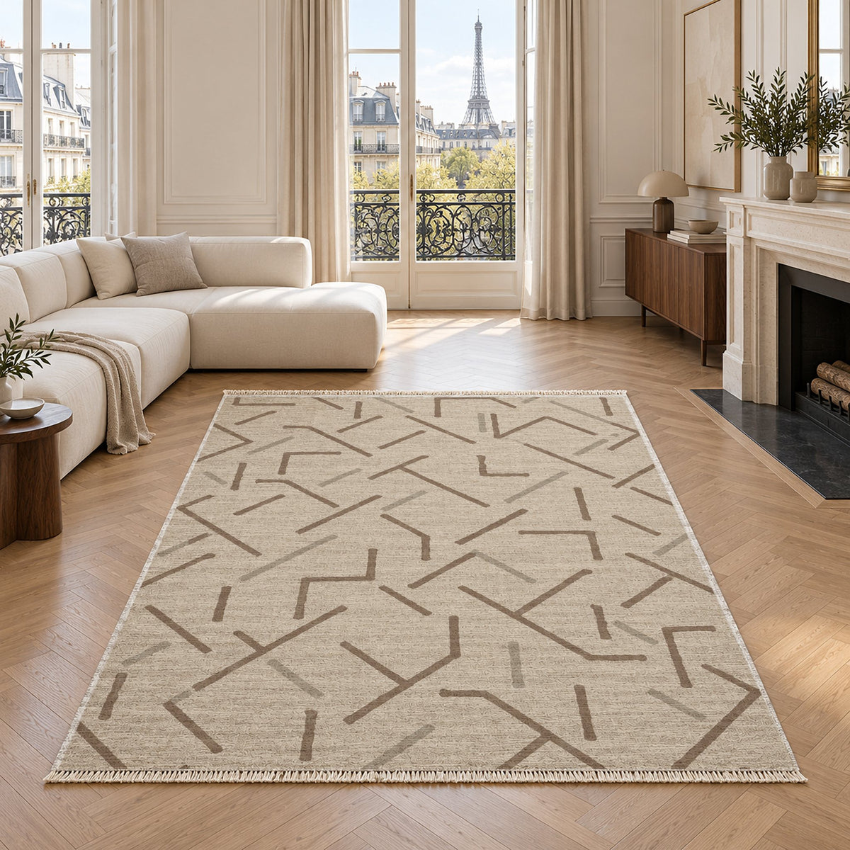 Fragment Geometry Ivory & Taupe washable rug in a living room with an Eiffel Tower view