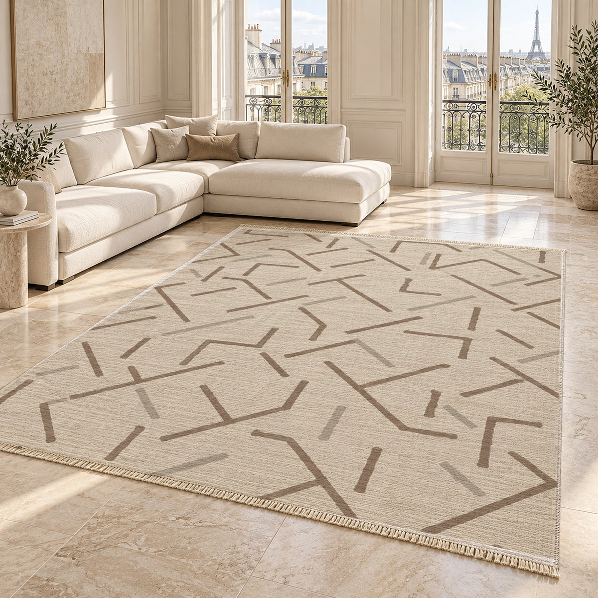 Fragment Geometry Ivory & Taupe washable rug angled room view on marble