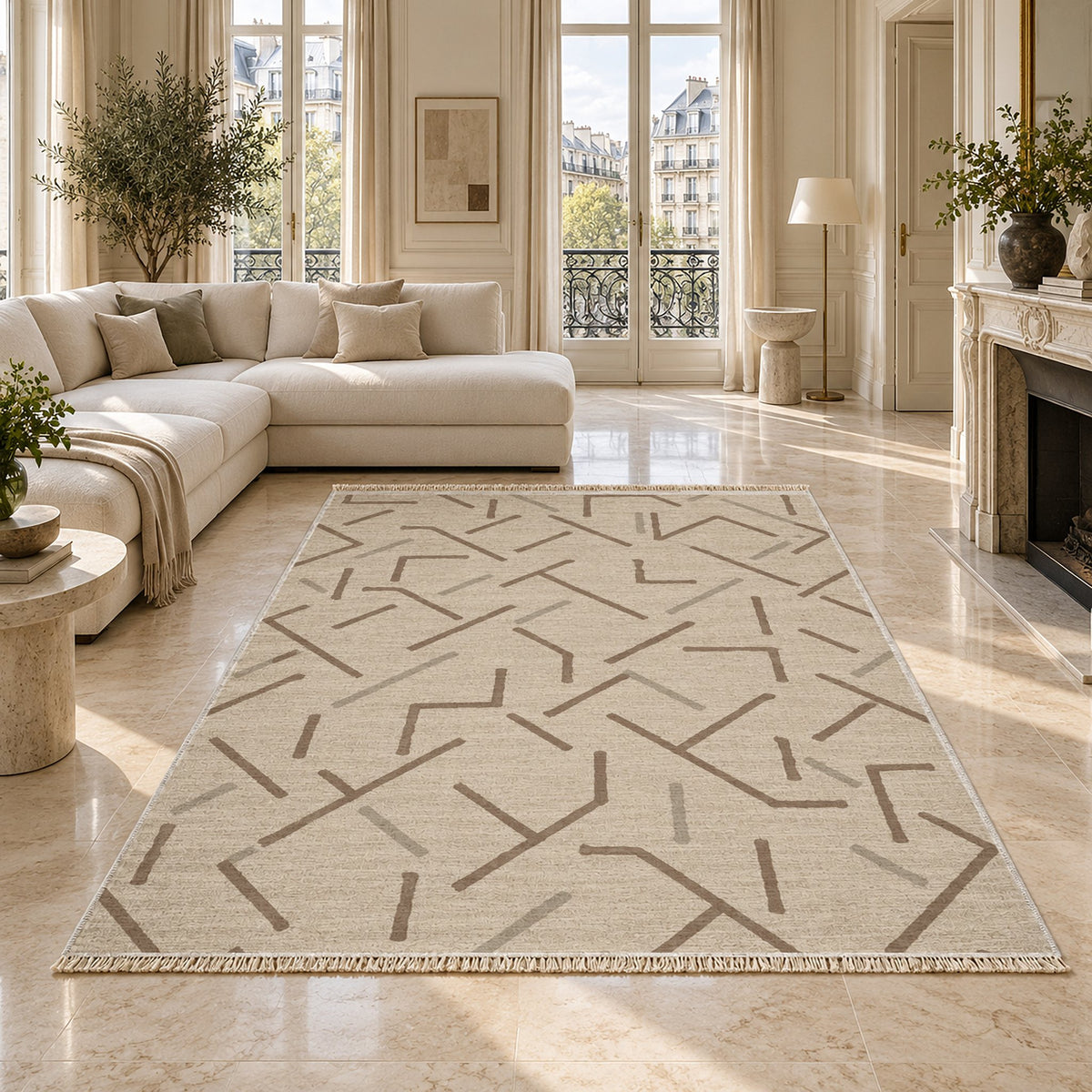 Fragment Geometry Ivory & Taupe washable rug on a marble floor