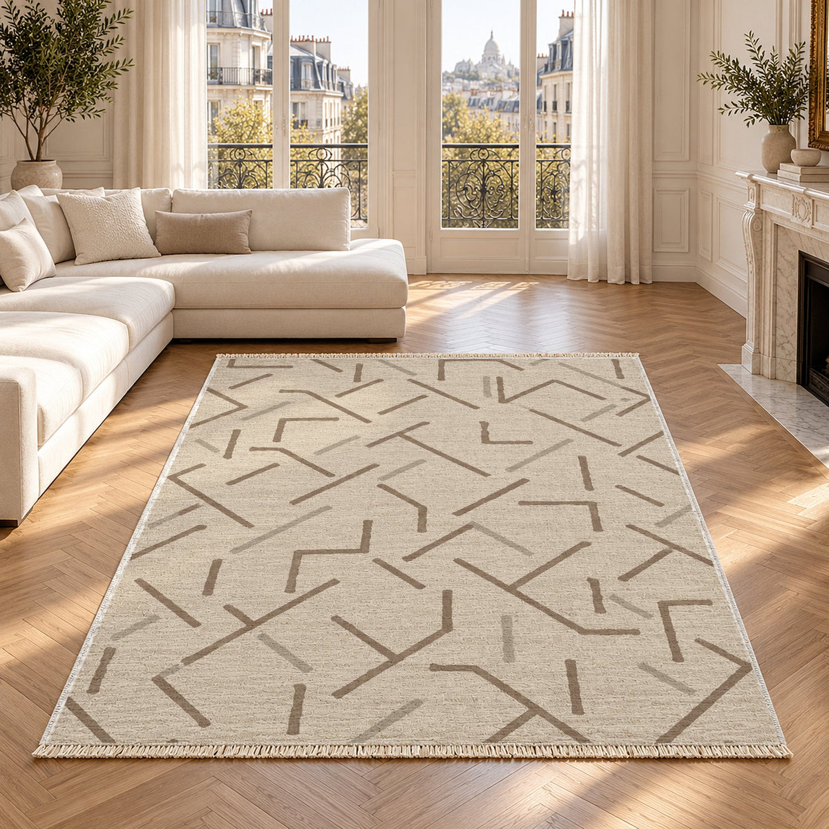 Fragment Geometry Ivory & Taupe washable rug in a Paris living room