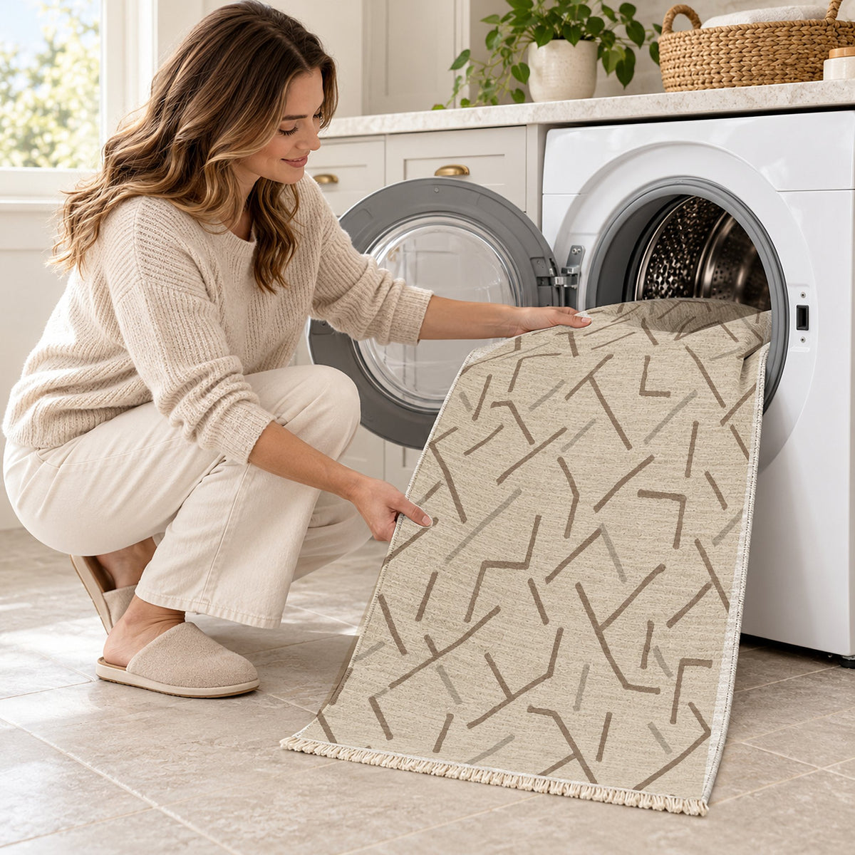Fragment Geometry Ivory & Taupe washable rug being loaded into a washing machine