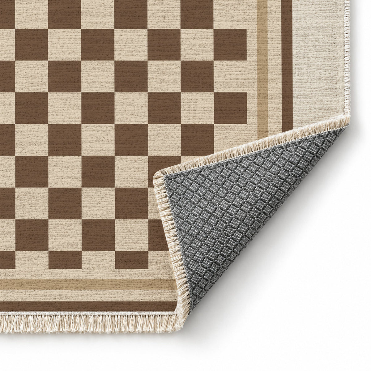 Framed Check Ivory & Cocoa washable rug folded corner showing the backing
