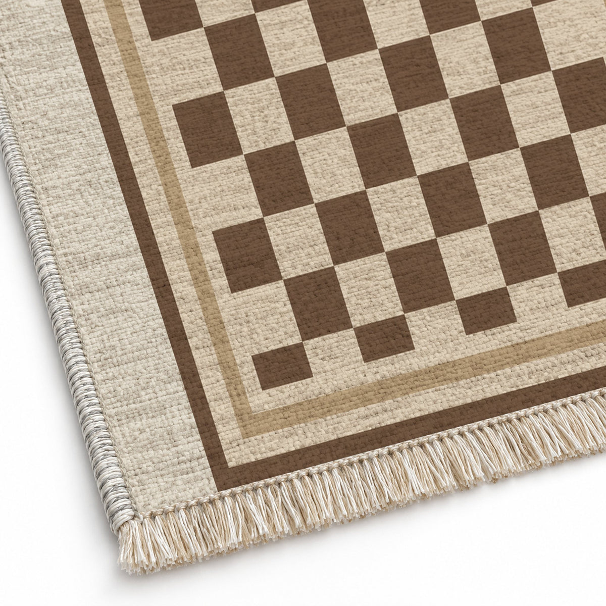 Framed Check Ivory & Cocoa washable rug close-up of the printed chenille