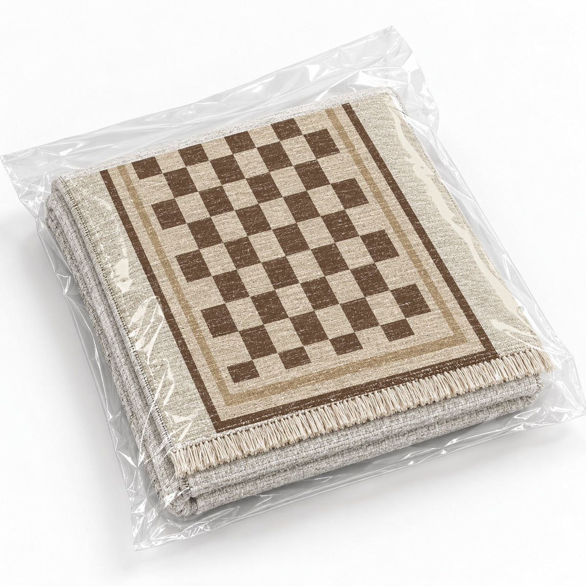 Framed Check Ivory & Cocoa washable rug rolled and packaged