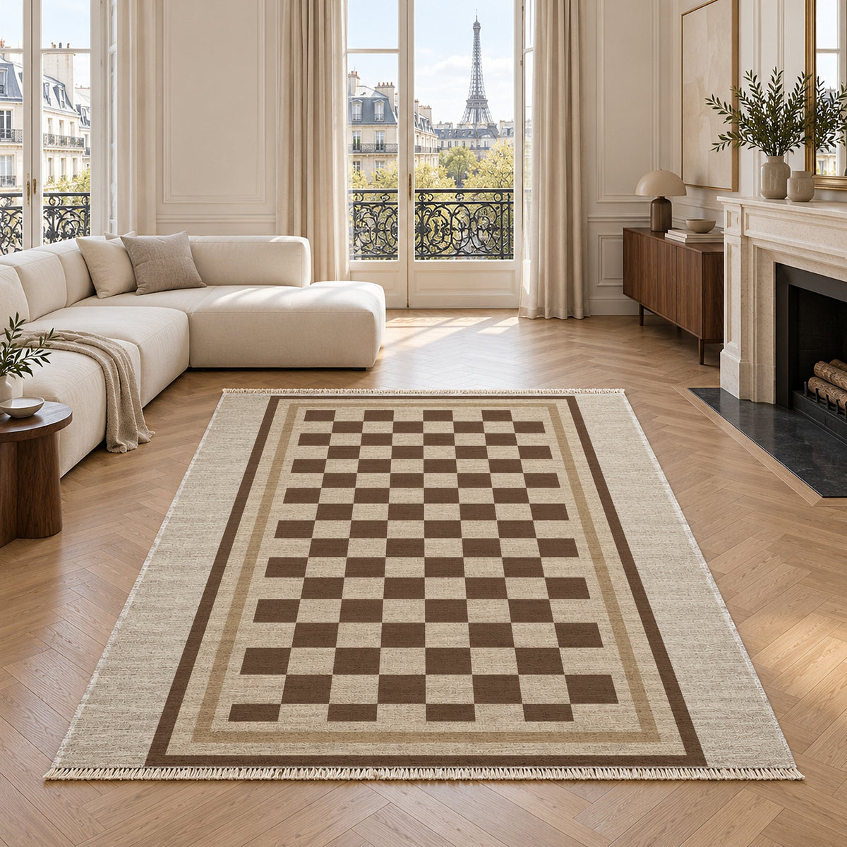 Framed Check Ivory & Cocoa washable rug in a living room with an Eiffel Tower view