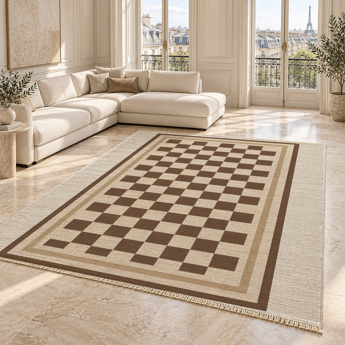 Framed Check Ivory & Cocoa washable rug angled room view on marble