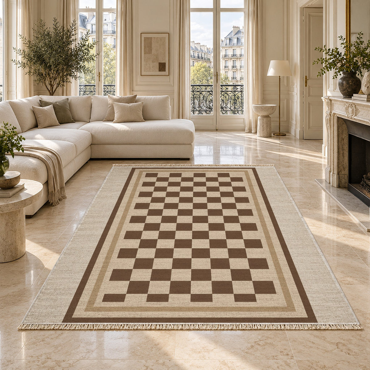 Framed Check Ivory & Cocoa washable rug on a marble floor