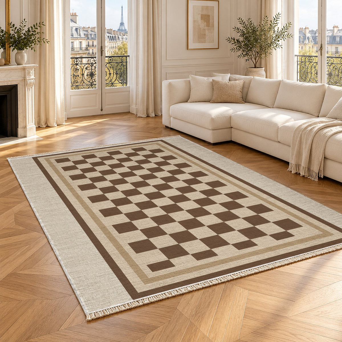 Framed Check Ivory & Cocoa washable rug angled room view