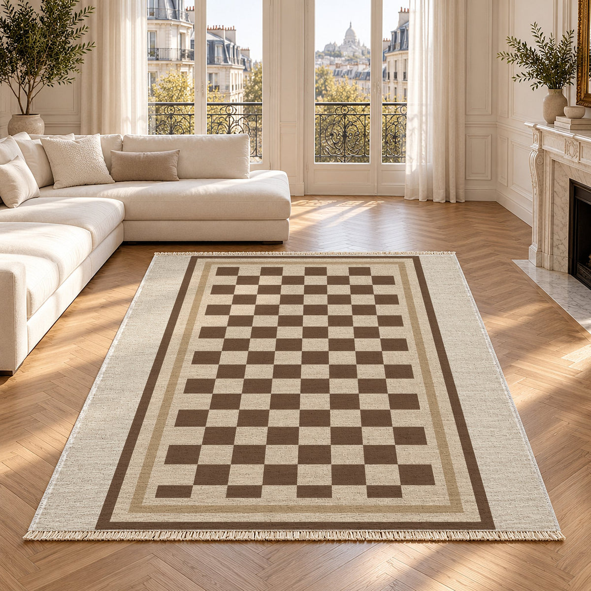 Framed Check Ivory & Cocoa washable rug in a Paris living room