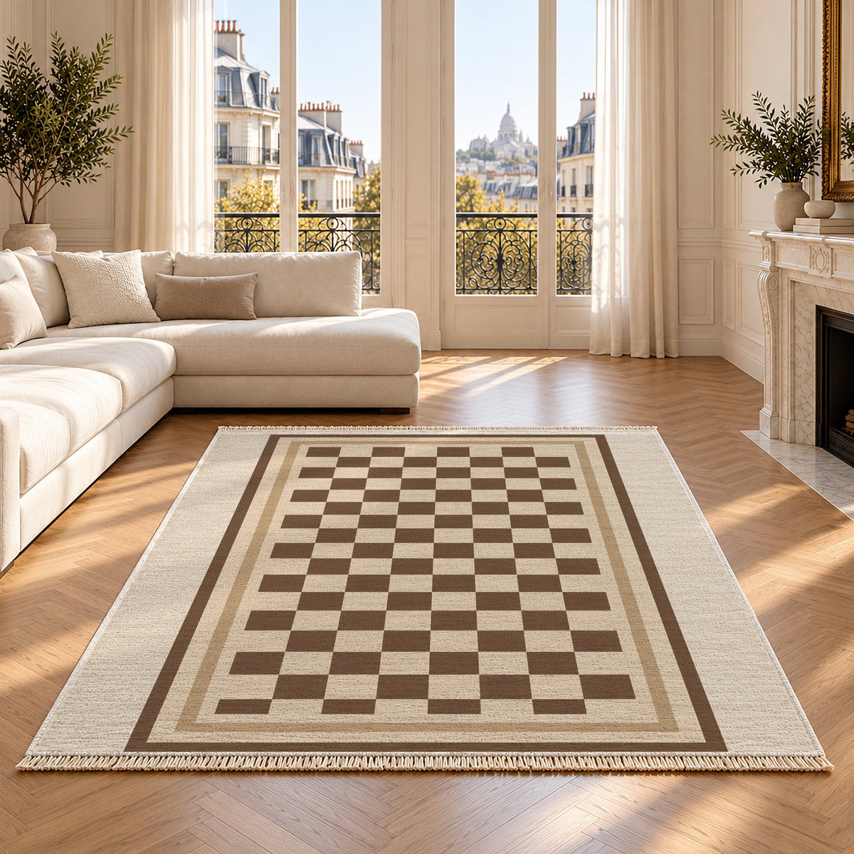 Framed Check Ivory & Cocoa washable rug on an oak floor