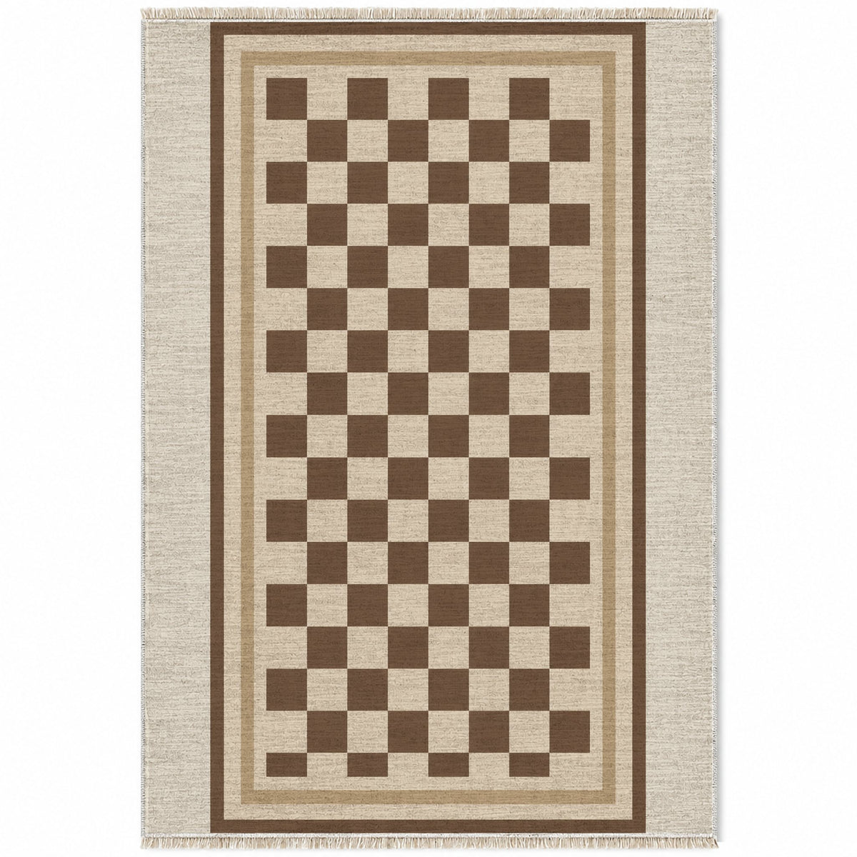 Framed Check Ivory & Cocoa washable rug top view