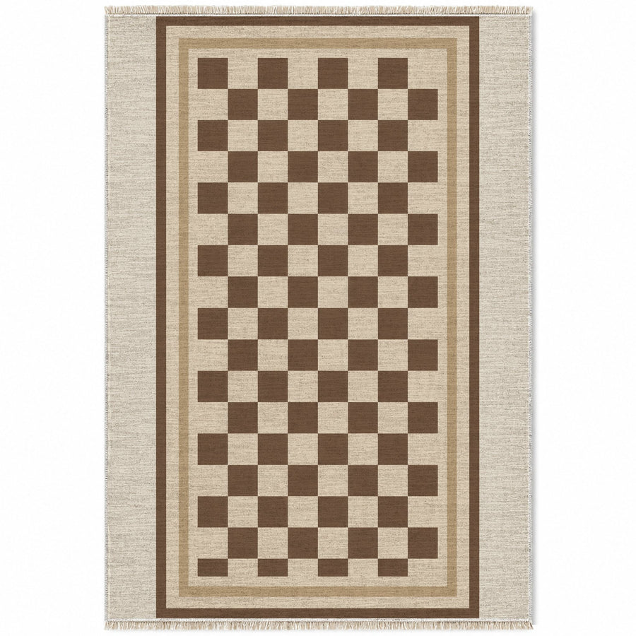 Framed Check Ivory & Cocoa Washable Rug