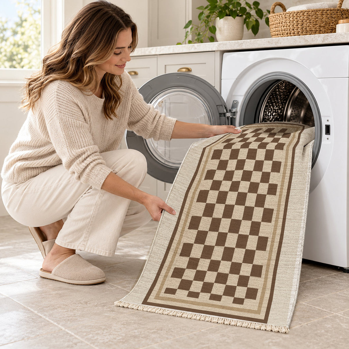 Framed Check Ivory & Cocoa washable rug being loaded into a washing machine
