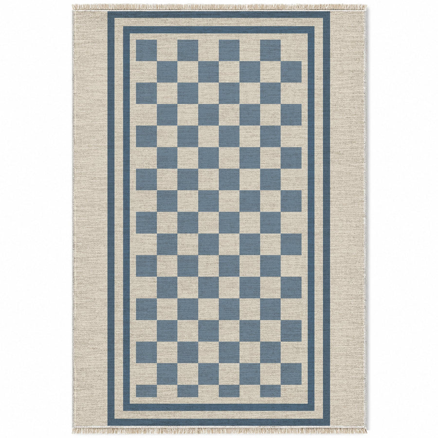 Framed Check Ivory & Dusty Blue Washable Rug