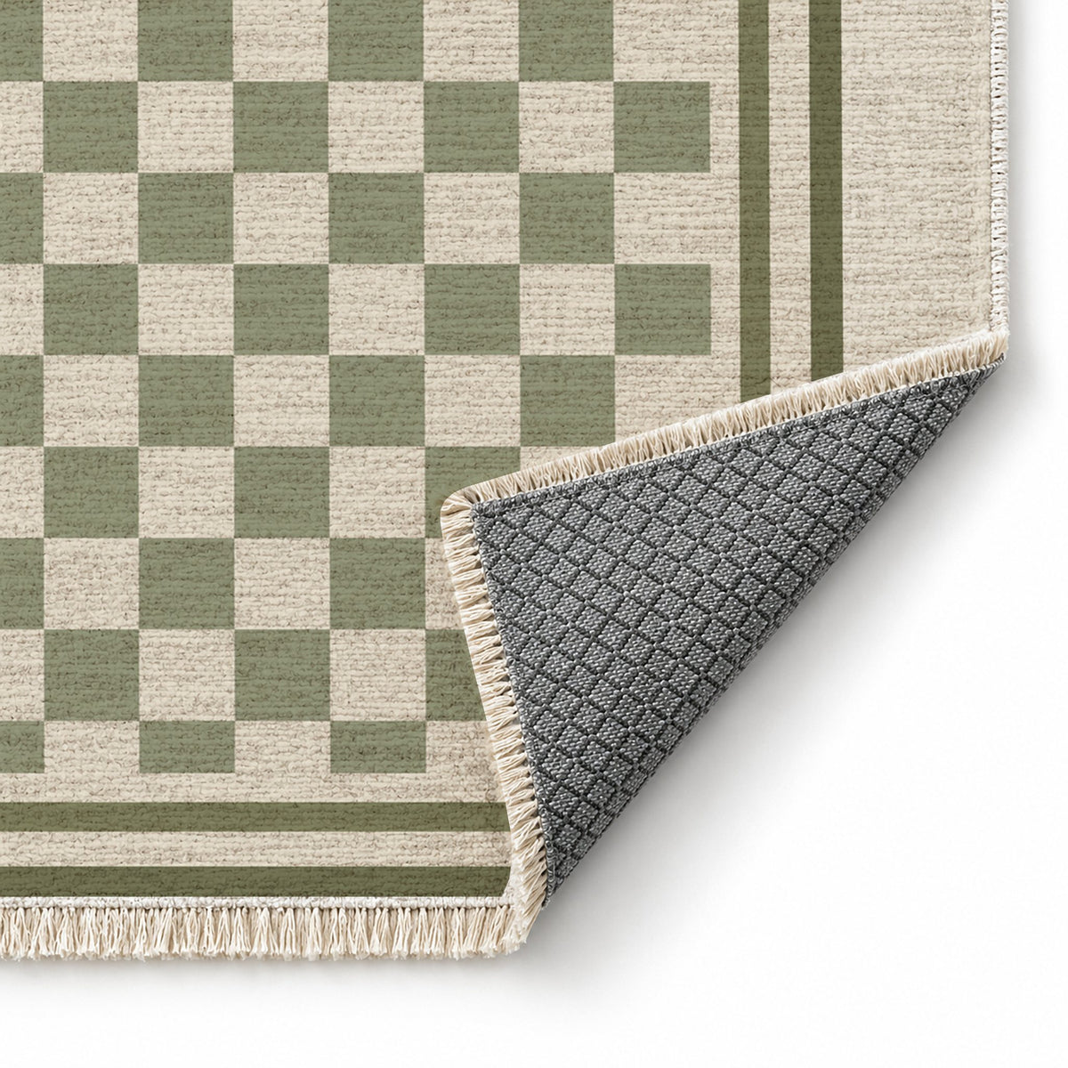 Framed Check Ivory & Sage washable rug folded corner showing the backing