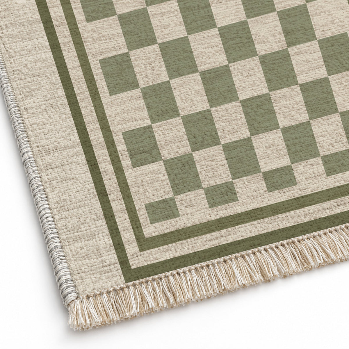 Framed Check Ivory & Sage washable rug close-up of the printed chenille