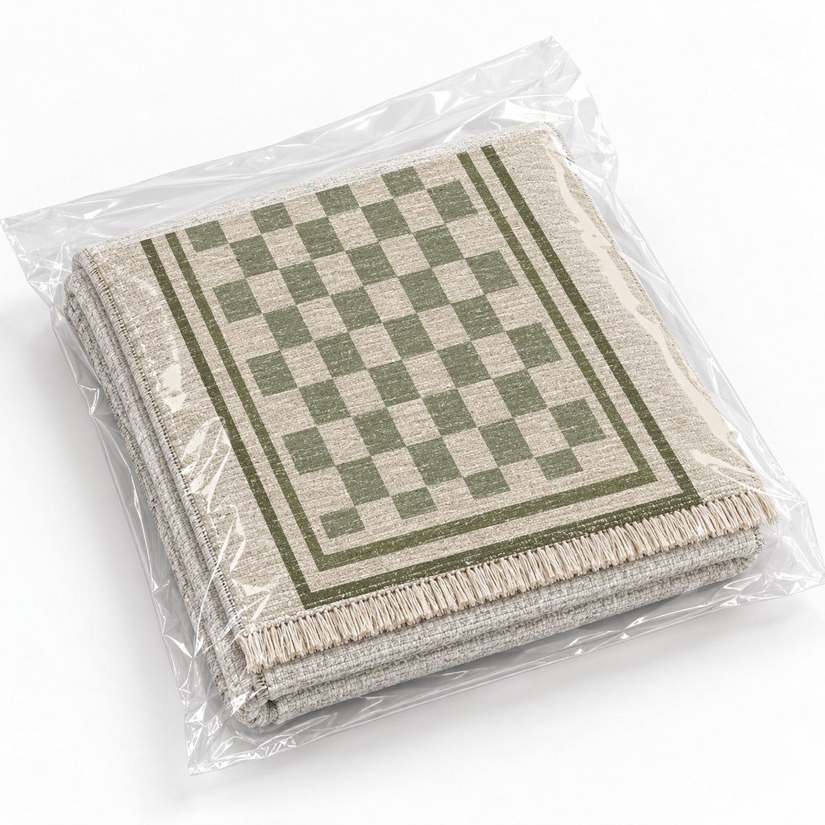 Framed Check Ivory & Sage washable rug rolled and packaged