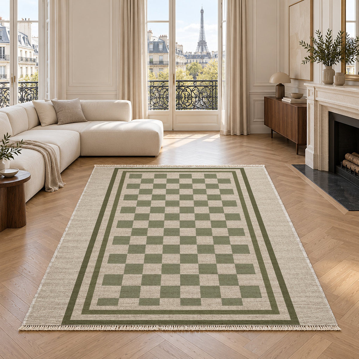 Framed Check Ivory & Sage washable rug in a living room with an Eiffel Tower view