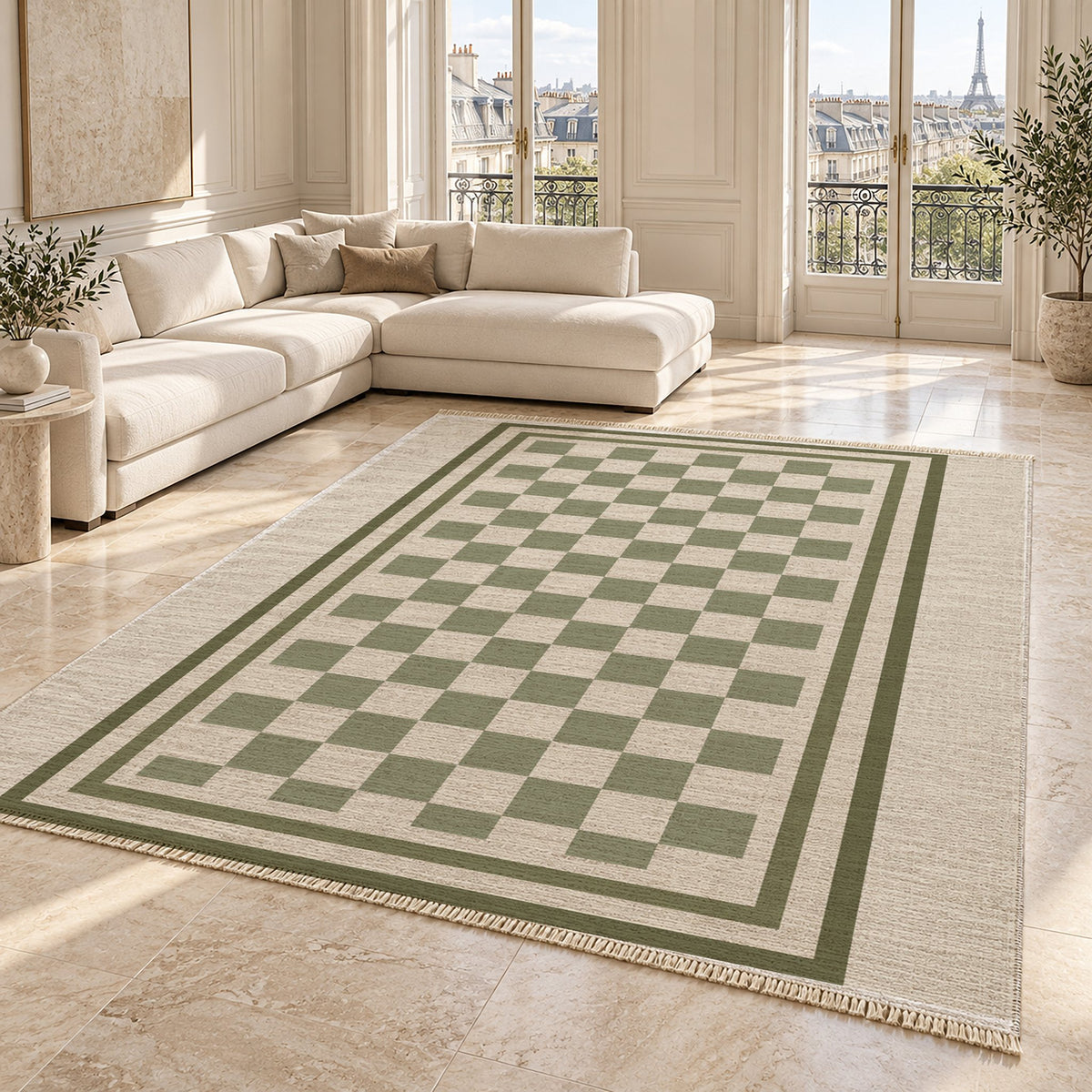 Framed Check Ivory & Sage washable rug angled room view on marble