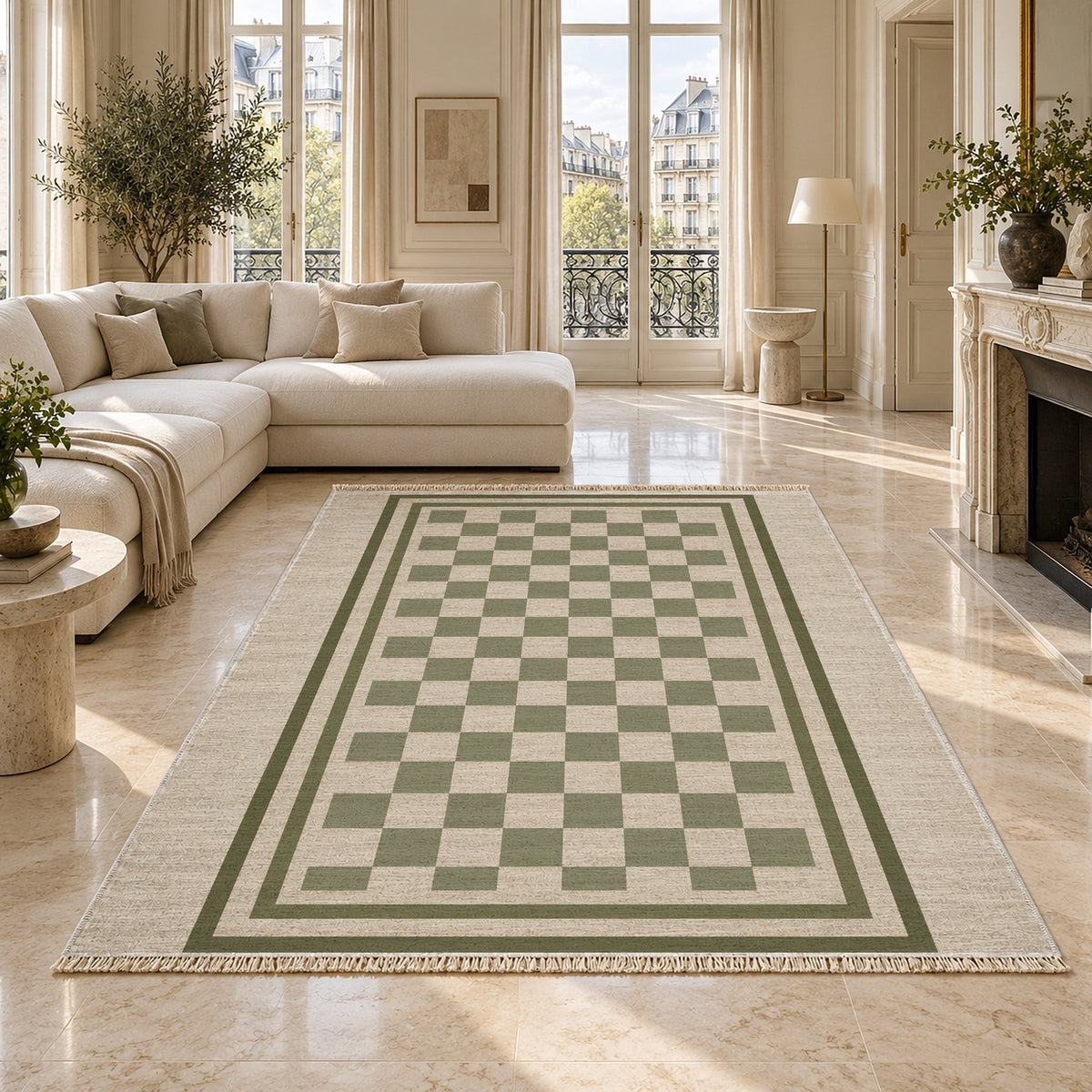 Framed Check Ivory & Sage washable rug on a marble floor