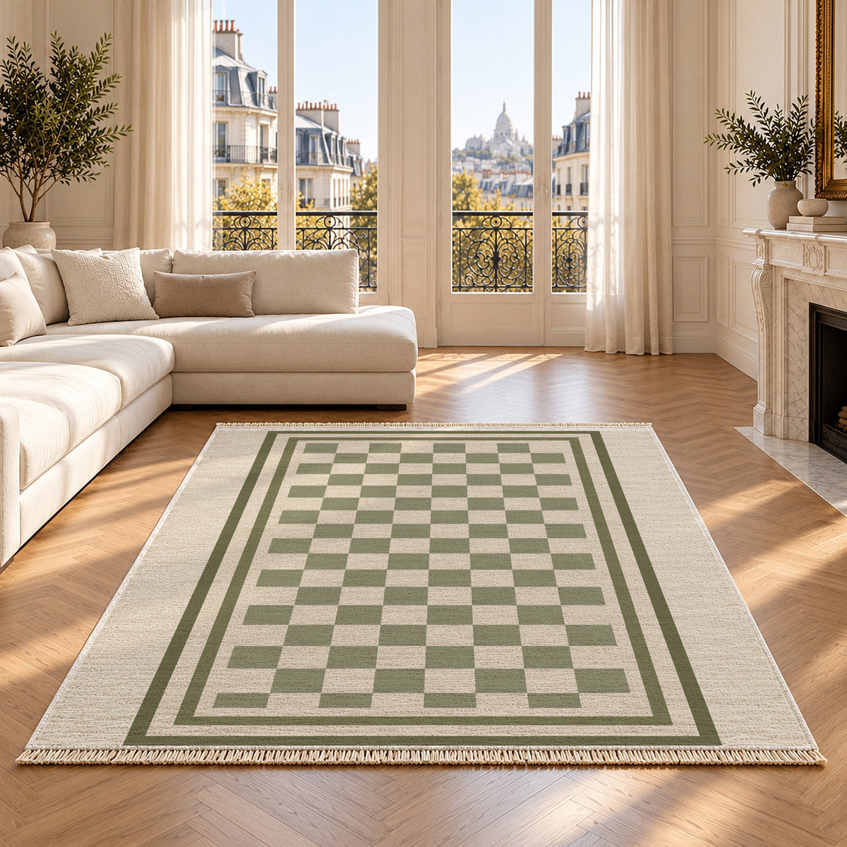 Framed Check Ivory & Sage washable rug on an oak floor