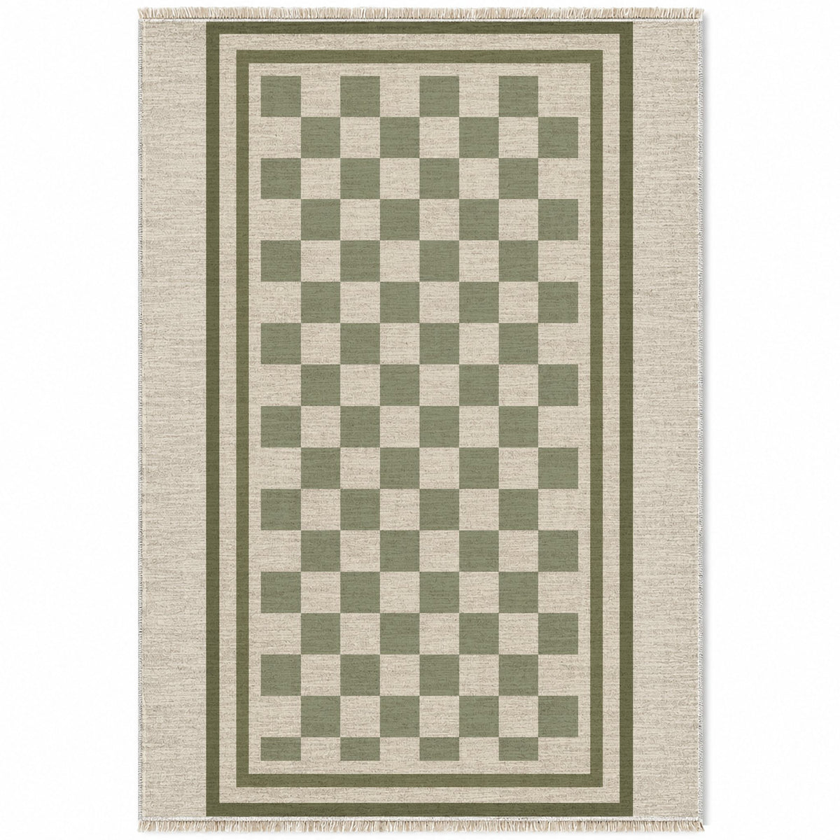 Framed Check Ivory & Sage washable rug top view