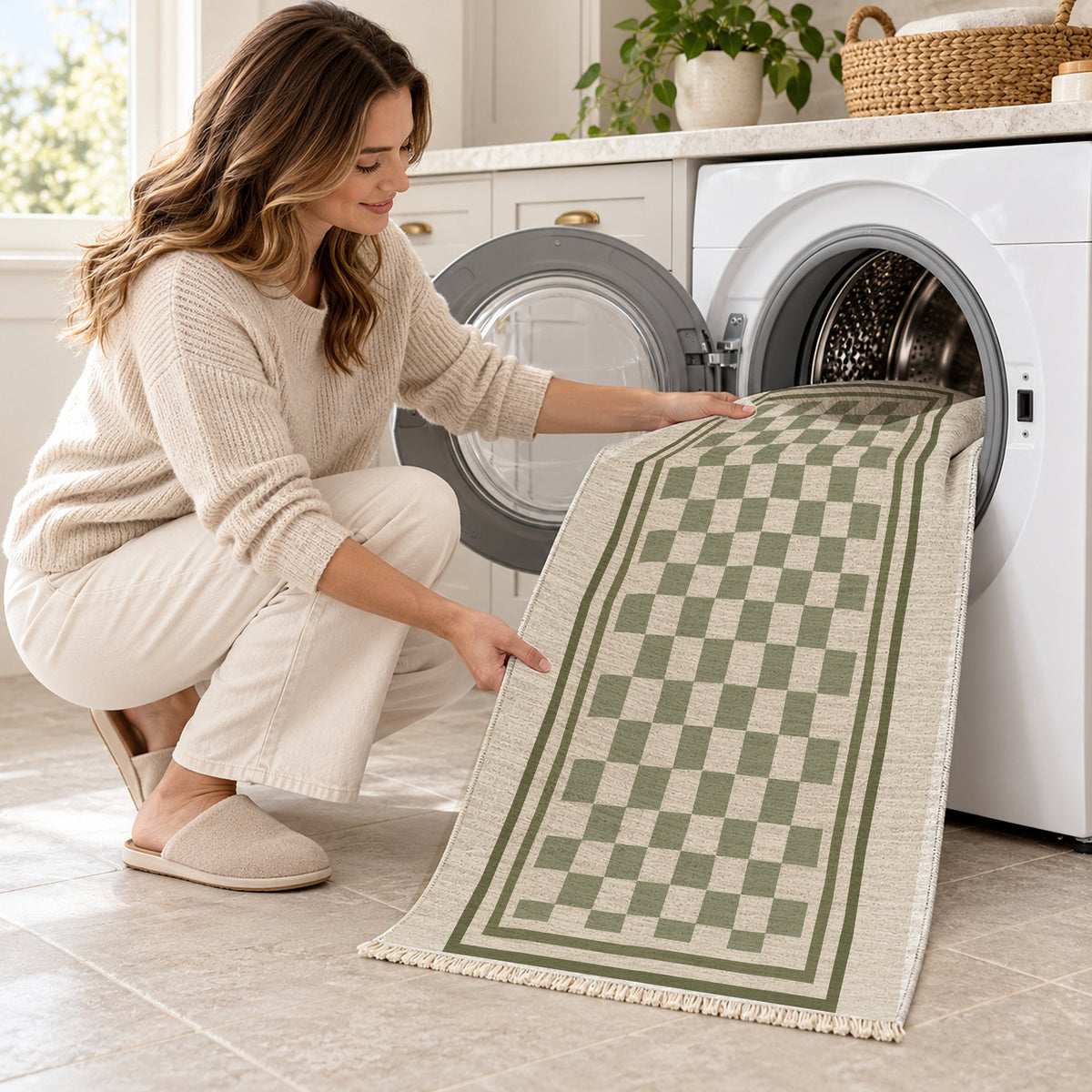 Framed Check Ivory & Sage washable rug being loaded into a washing machine