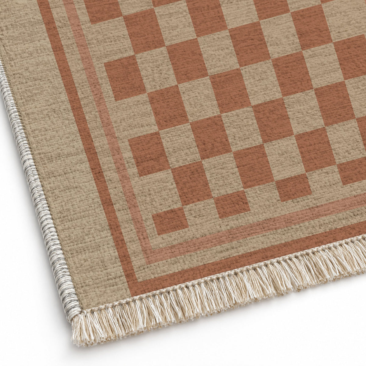 Framed Check Sand & Terracotta washable rug close-up of the printed chenille