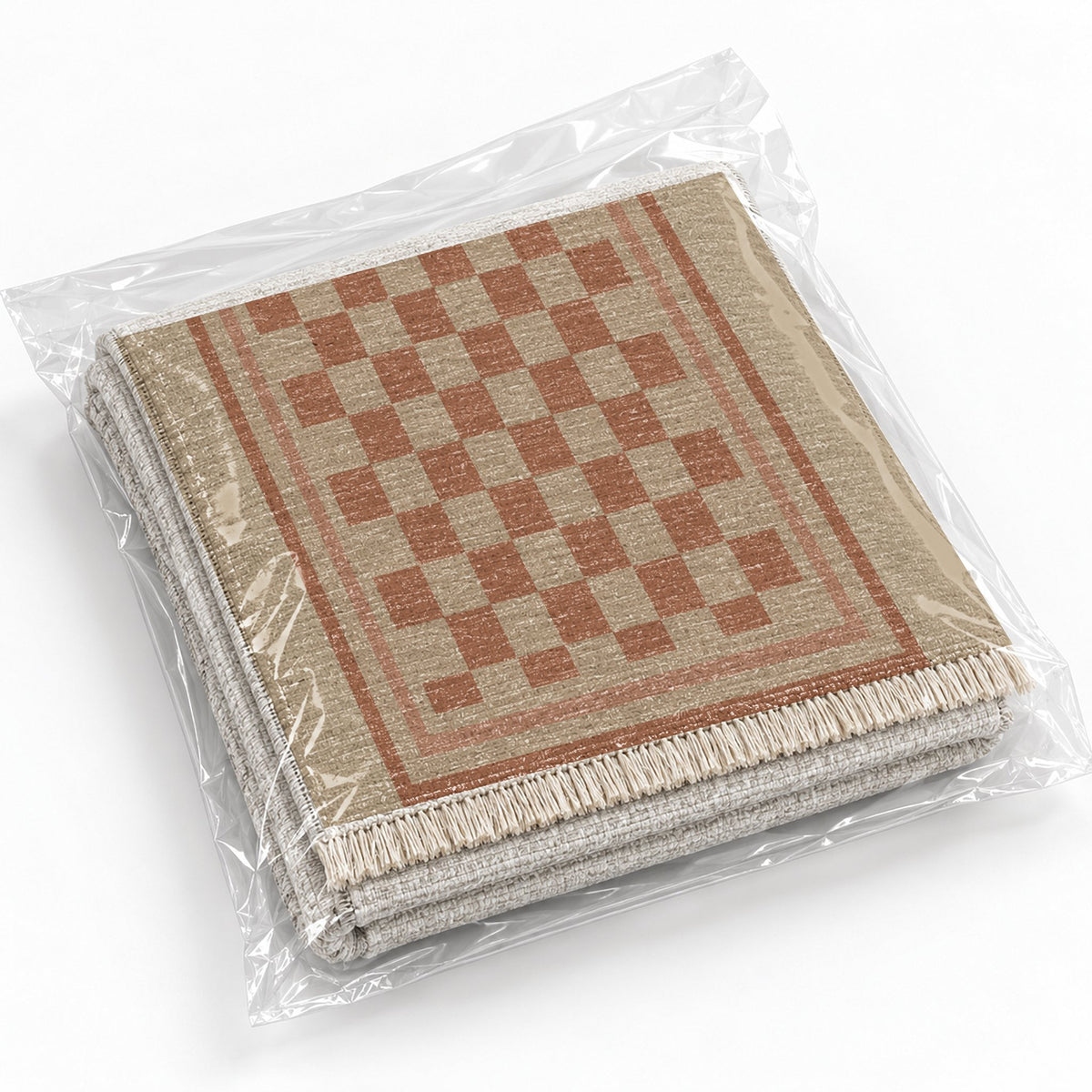 Framed Check Sand & Terracotta washable rug rolled and packaged