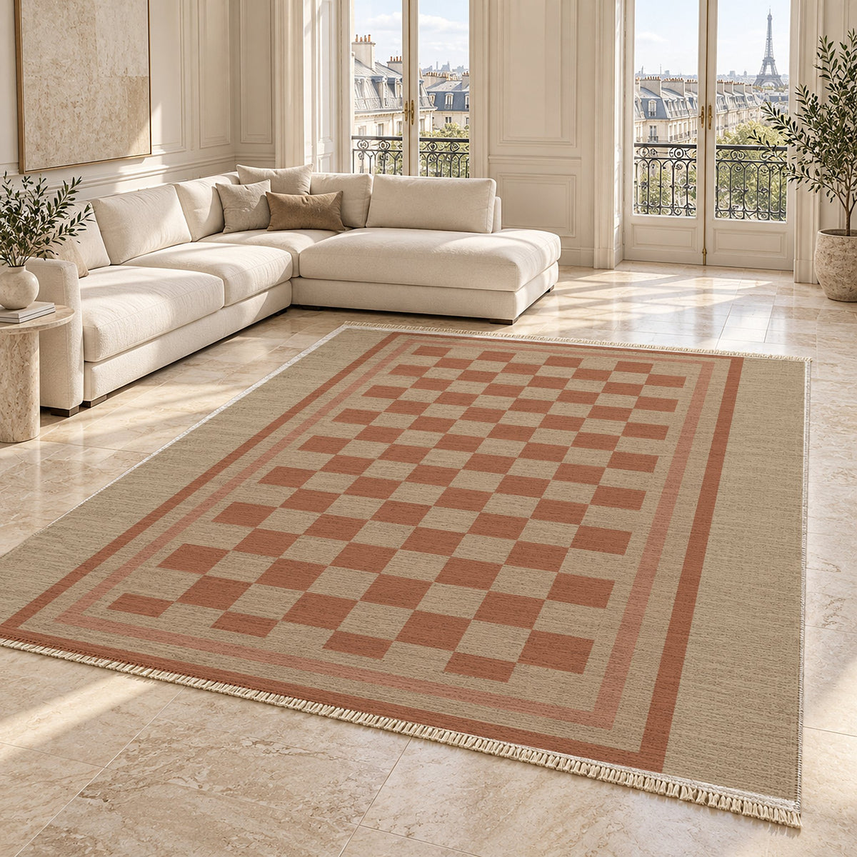 Framed Check Sand & Terracotta washable rug angled room view on marble