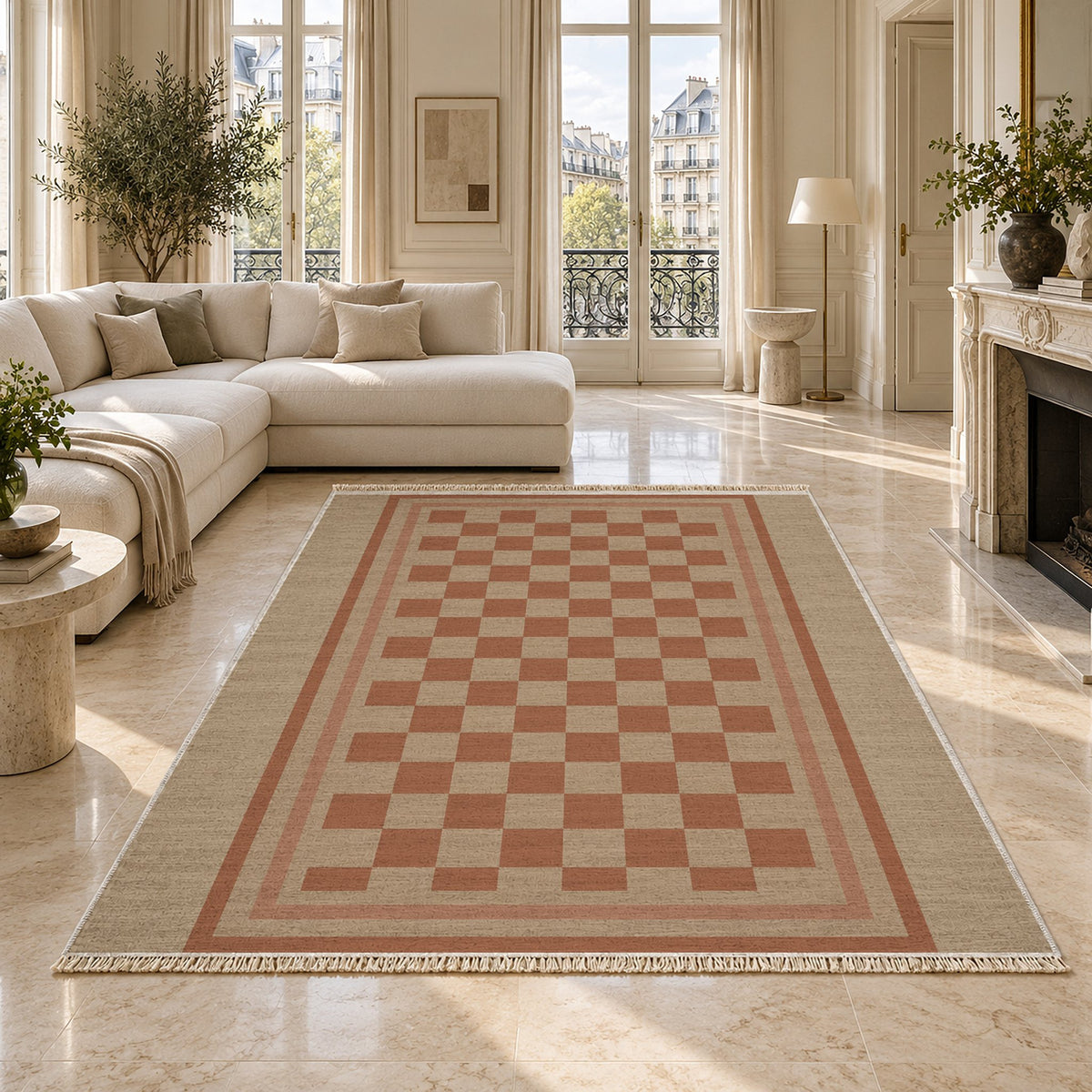 Framed Check Sand & Terracotta washable rug on a marble floor