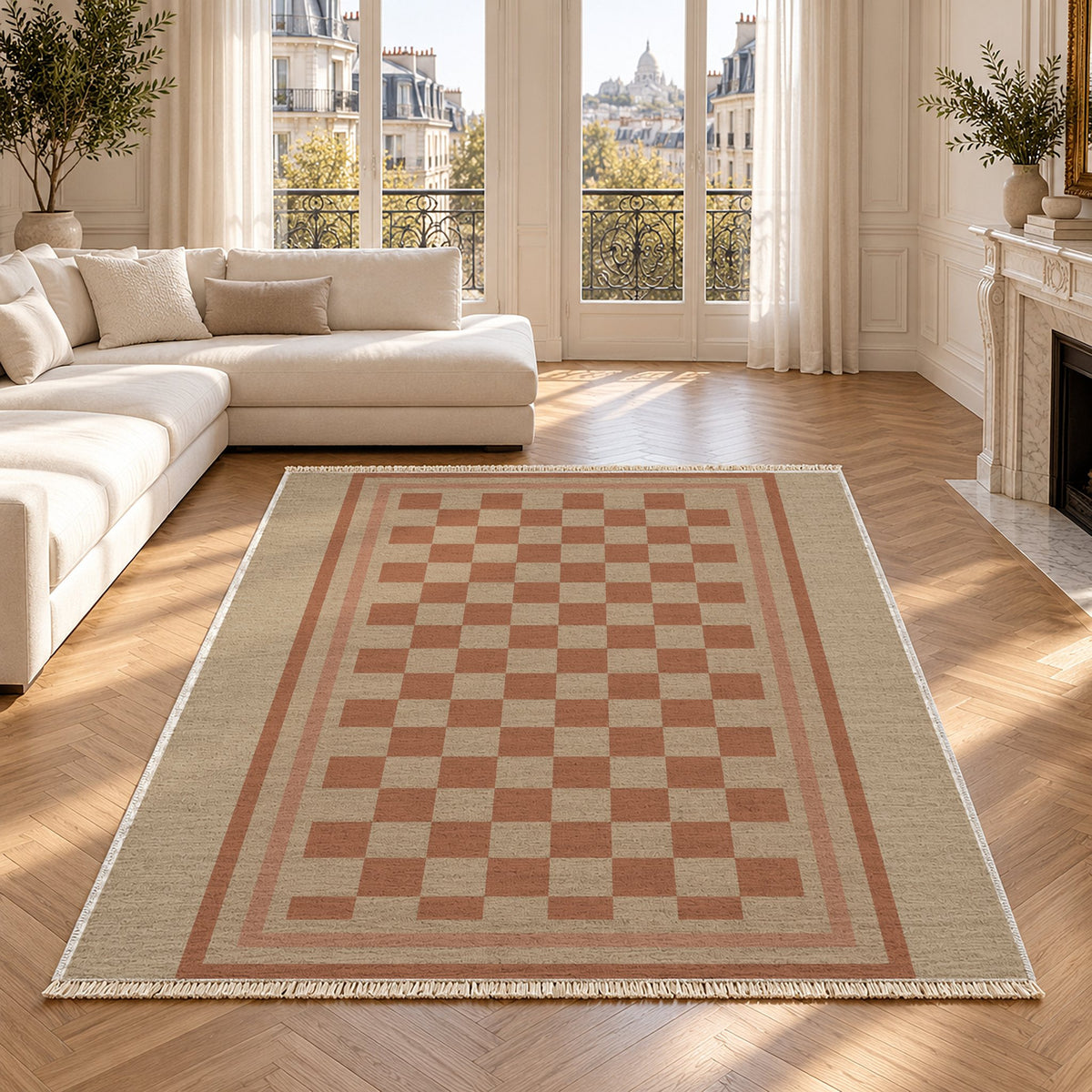 Framed Check Sand & Terracotta washable rug in a Paris living room