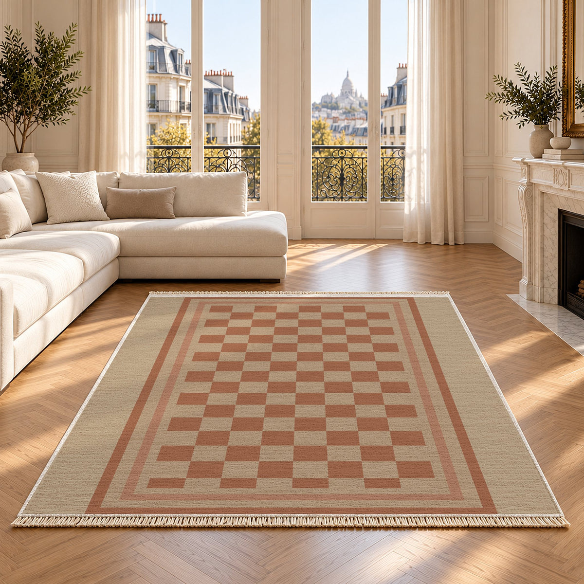 Framed Check Sand & Terracotta washable rug on an oak floor