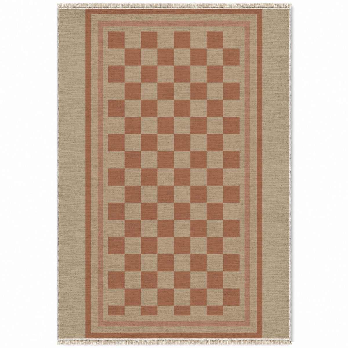 Framed Check Sand & Terracotta washable rug top view