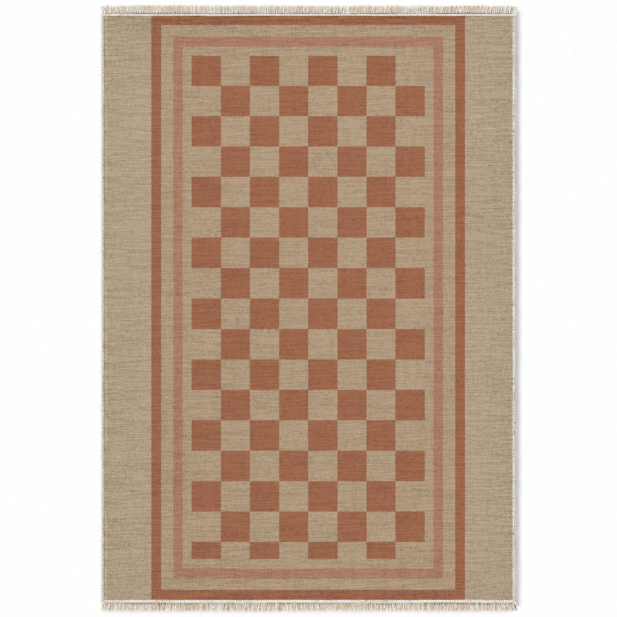 Framed Check Sand & Terracotta Washable Rug