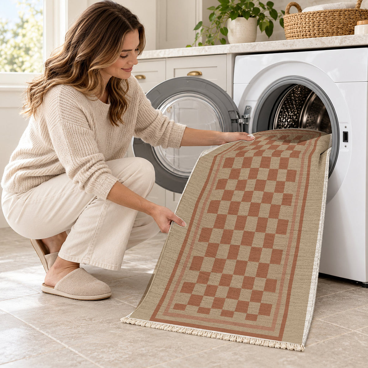 Framed Check Sand & Terracotta washable rug being loaded into a washing machine