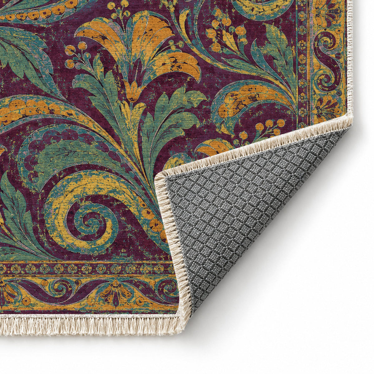 Fresco Fragments Burgundy & Teal washable rug folded corner showing the backing