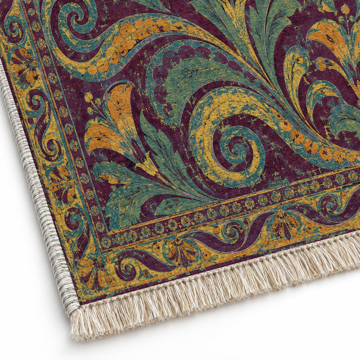 Fresco Fragments Burgundy & Teal washable rug close-up of the printed chenille