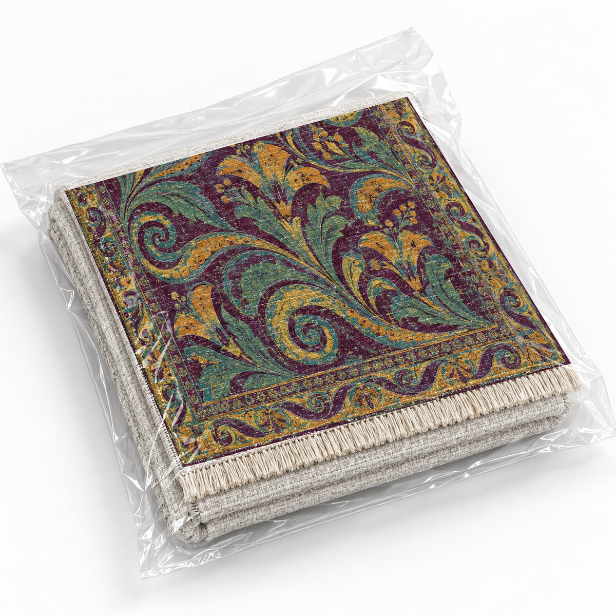 Fresco Fragments Burgundy & Teal washable rug rolled and packaged