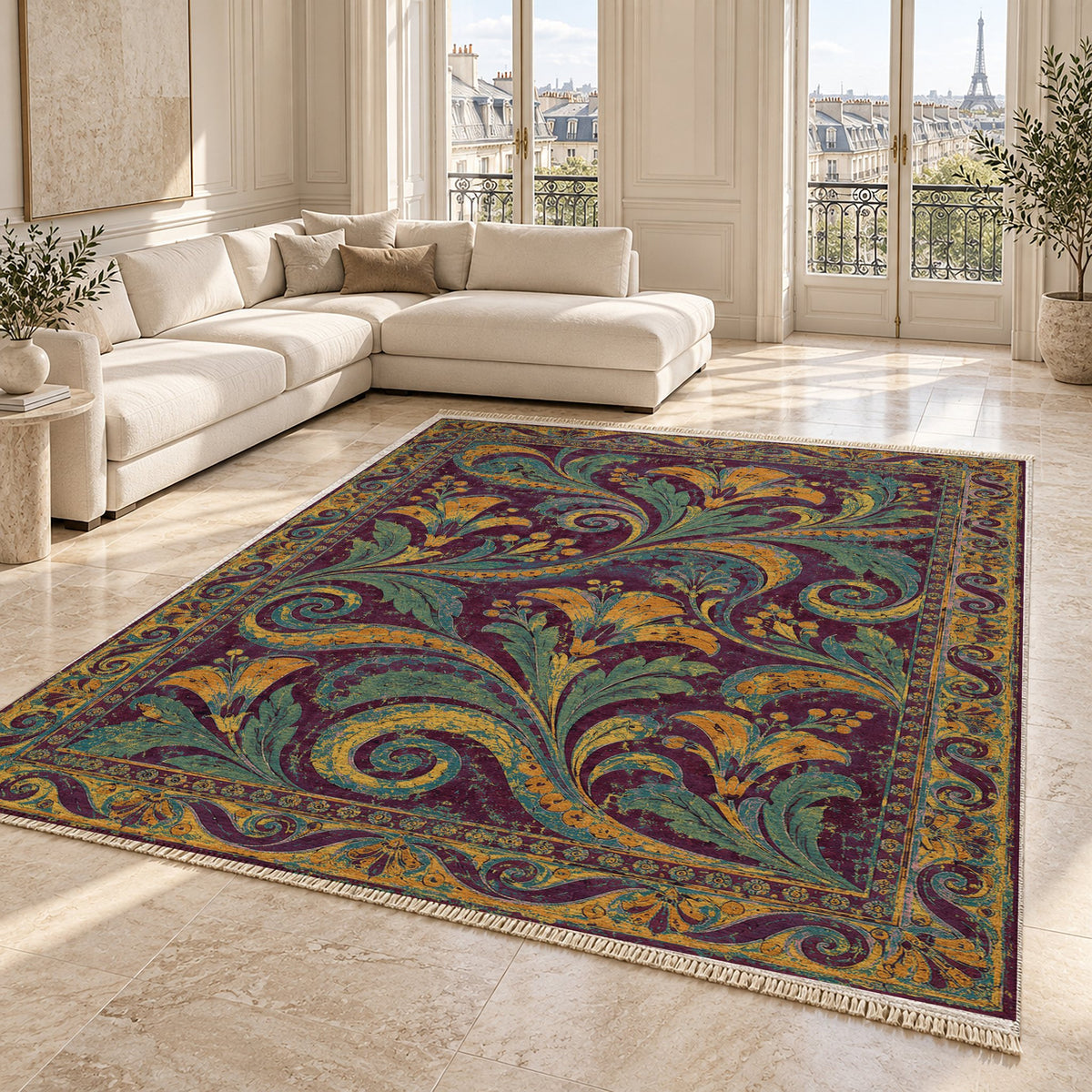 Fresco Fragments Burgundy & Teal washable rug angled room view on marble